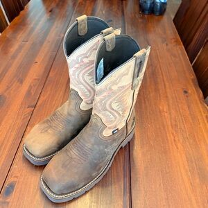 Thorogood Brown Leather Work Boots with Cream Patterned Shaft